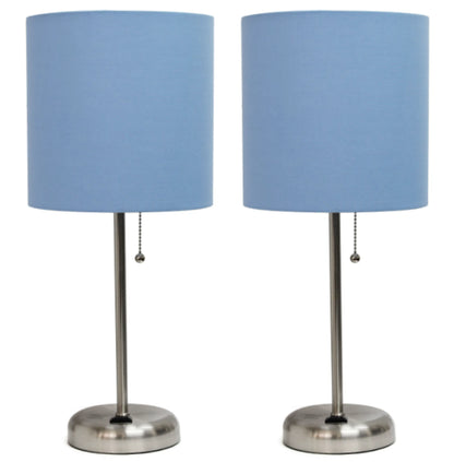 LimeLights Brushed Steel Stick Lamp with Charging Outlet and Fabric Shade (Set of 2)