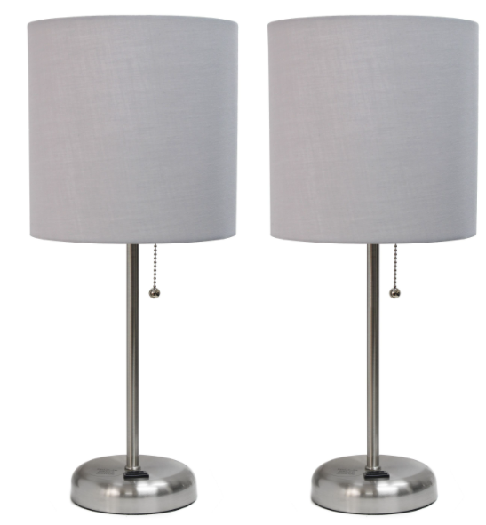 Set of 2 Brushed Steel Stick Lamps with Fabric Shades and Built-In Charging Outlets