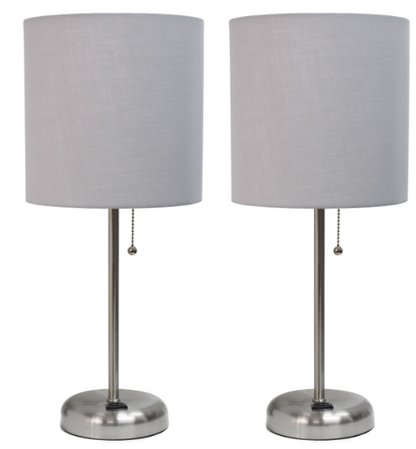 Set of 2 Brushed Steel Stick Lamps with Fabric Shades and Built-In Charging Outlets