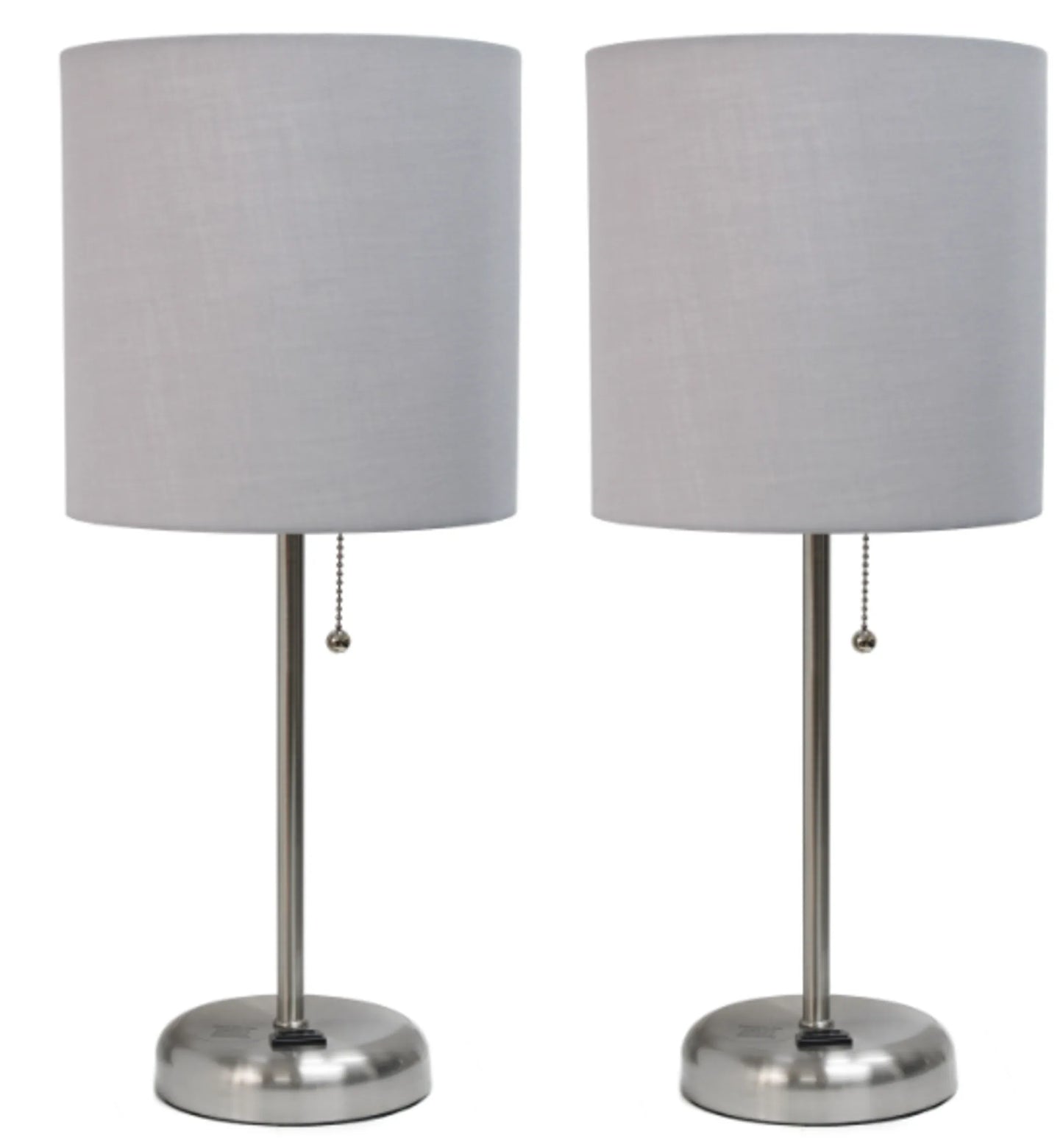 LimeLights Brushed Steel Stick Lamp with Charging Outlet and Fabric Shade (Set of 2)