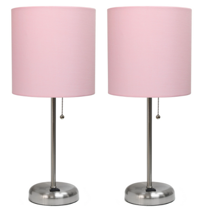 Set of 2 Brushed Steel Stick Lamps with Fabric Shades and Built-In Charging Outlets