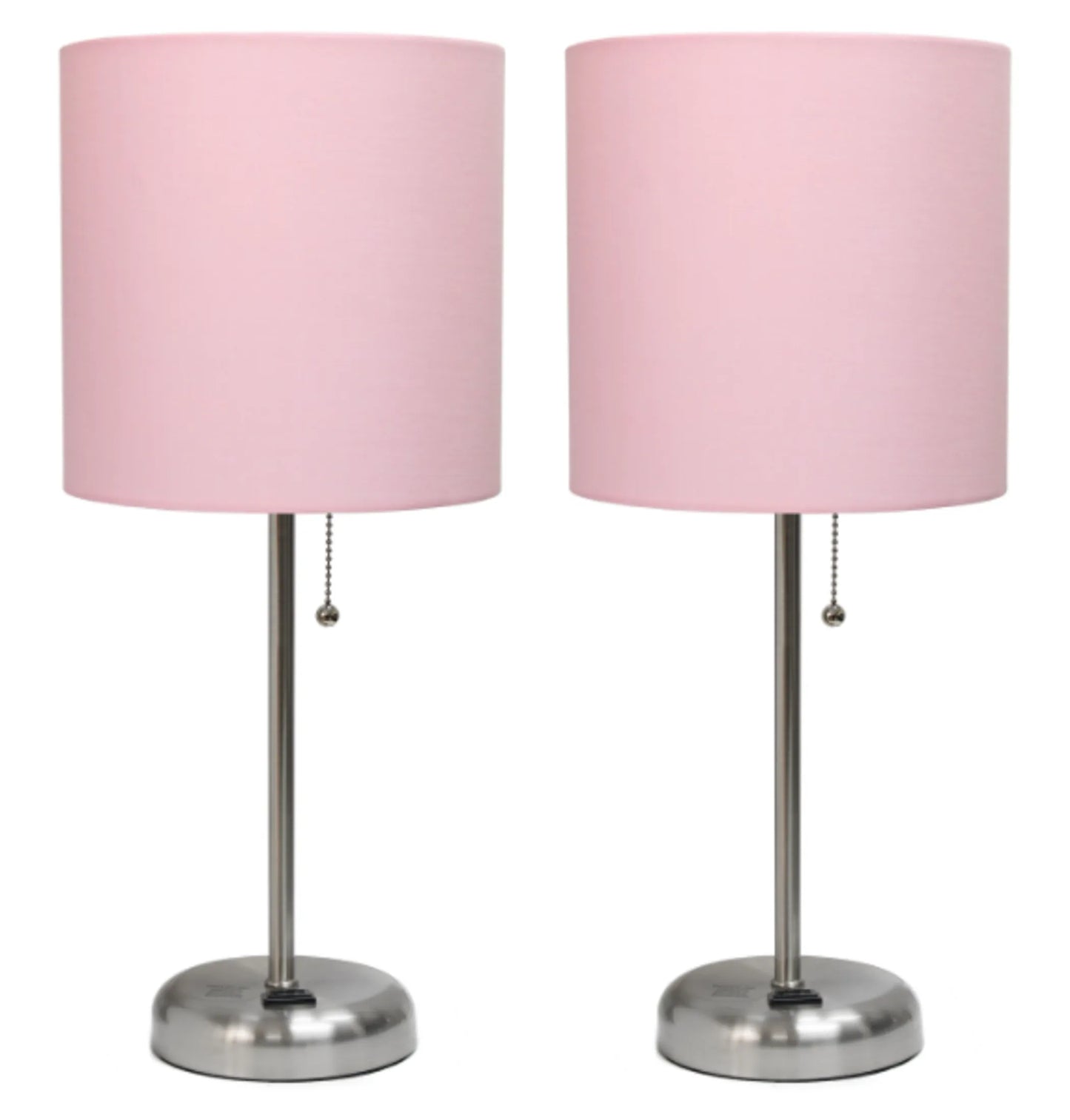 LimeLights Brushed Steel Stick Lamp with Charging Outlet and Fabric Shade (Set of 2)