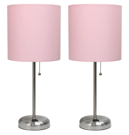 LimeLights Brushed Steel Stick Lamp with Charging Outlet and Fabric Shade (Set of 2)