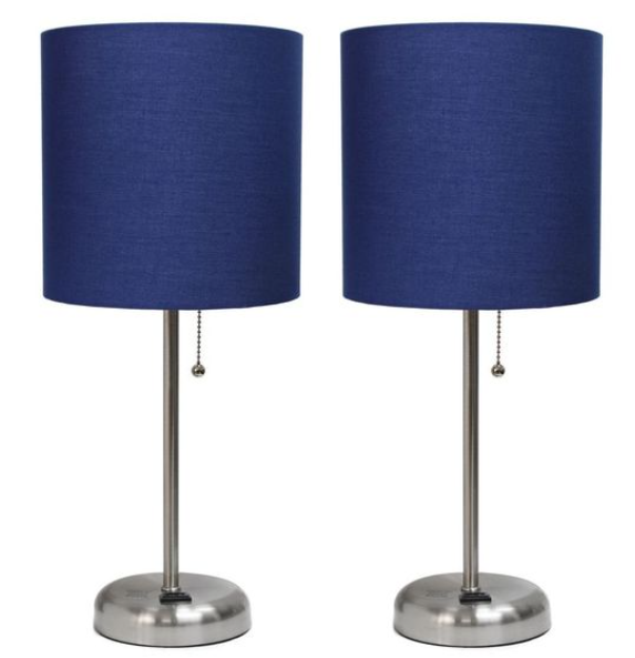 Set of 2 Brushed Steel Stick Lamps with Fabric Shades and Built-In Charging Outlets