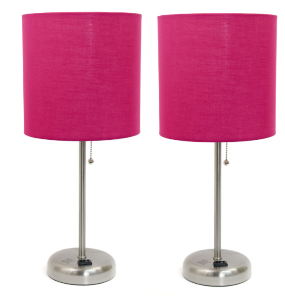 Set of 2 Brushed Steel Stick Lamps with Fabric Shades and Built-In Charging Outlets