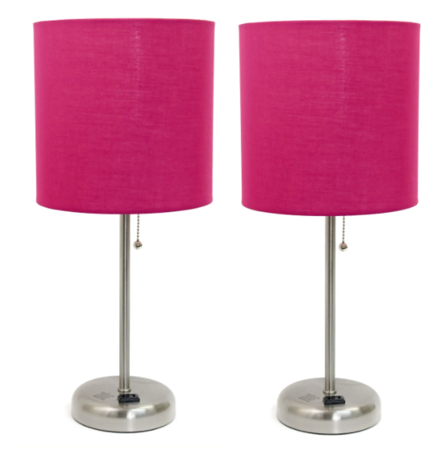 LimeLights Brushed Steel Stick Lamp with Charging Outlet and Fabric Shade (Set of 2)