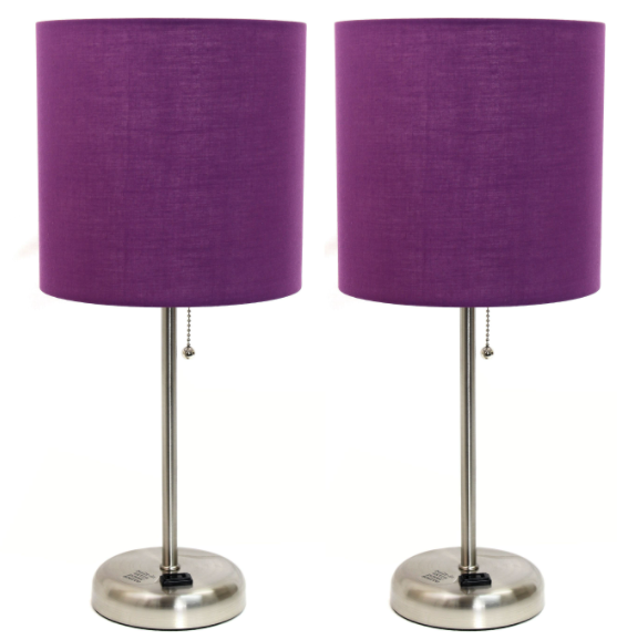 Set of 2 Brushed Steel Stick Lamps with Fabric Shades and Built-In Charging Outlets