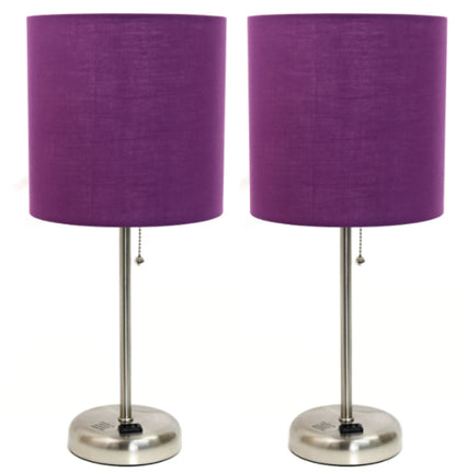 LimeLights Brushed Steel Stick Lamp with Charging Outlet and Fabric Shade (Set of 2)