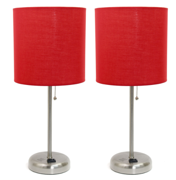 Set of 2 Brushed Steel Stick Lamps with Fabric Shades and Built-In Charging Outlets