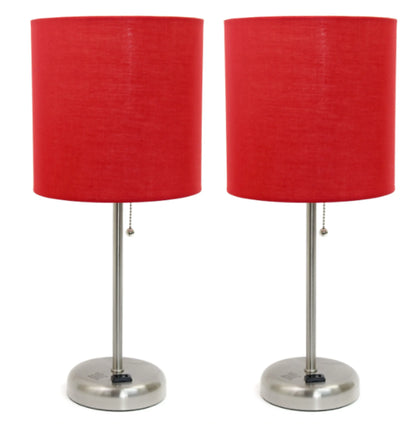 LimeLights Brushed Steel Stick Lamp with Charging Outlet and Fabric Shade (Set of 2)
