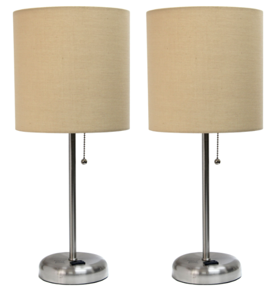 Set of 2 Brushed Steel Stick Lamps with Fabric Shades and Built-In Charging Outlets