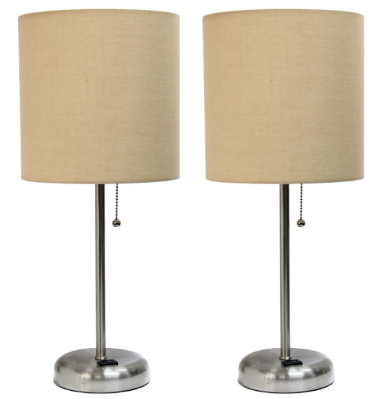 LimeLights Brushed Steel Stick Lamp with Charging Outlet and Fabric Shade (Set of 2)