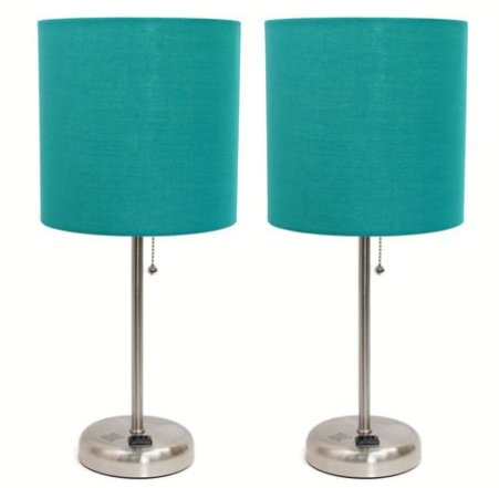 Set of 2 Brushed Steel Stick Lamps with Fabric Shades and Built-In Charging Outlets