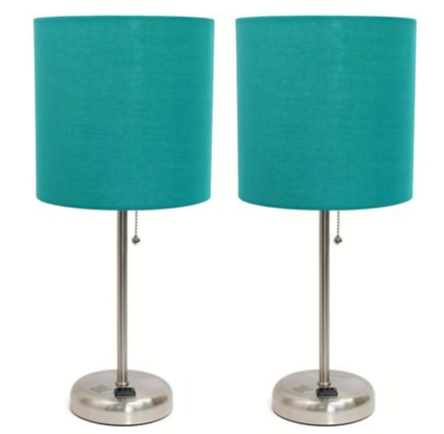 LimeLights Brushed Steel Stick Lamp with Charging Outlet and Fabric Shade (Set of 2)