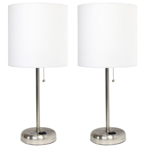 Set of 2 Brushed Steel Stick Lamps with Fabric Shades and Built-In Charging Outlets