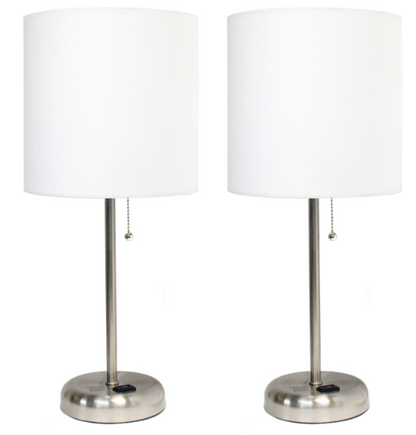 Set of 2 Brushed Steel Stick Lamps with Fabric Shades and Built-In Charging Outlets