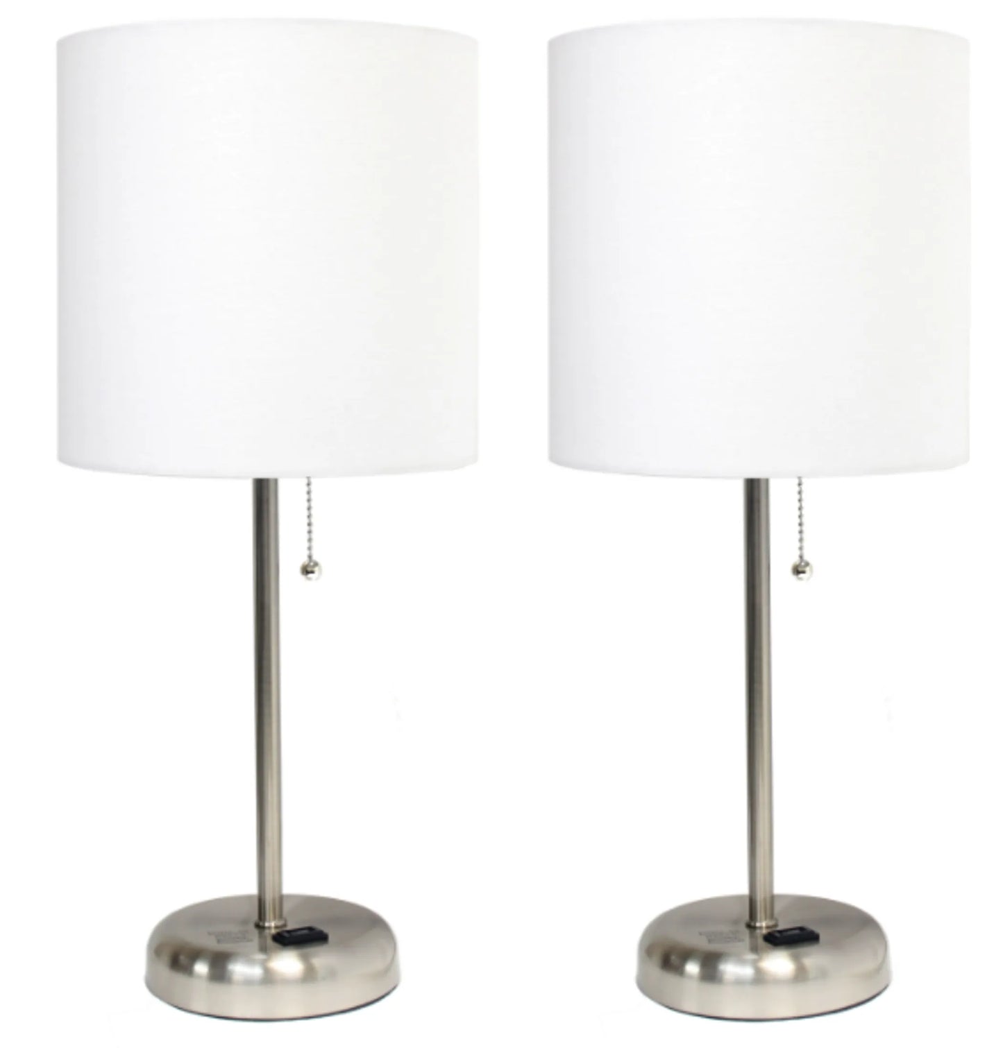 LimeLights Brushed Steel Stick Lamp with Charging Outlet and Fabric Shade (Set of 2)
