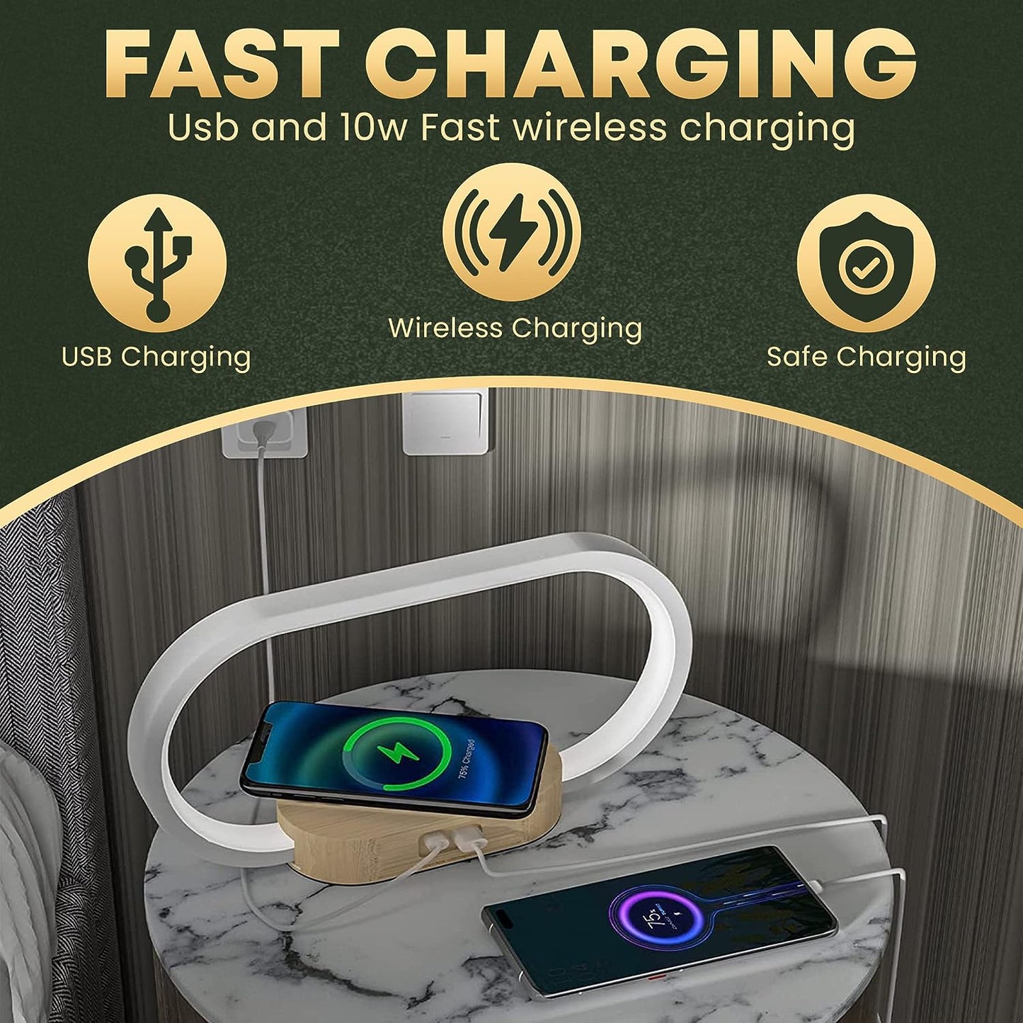Bedside Lamp with USB Port, Bedroom Lamp with 10W Fast Wireless Charger, Nightstand Lamp with Clock, Table Lamps for Nightstand, Touch Lamps for Bedroom, Wood Decor, Stepless Dimming And 3 Color