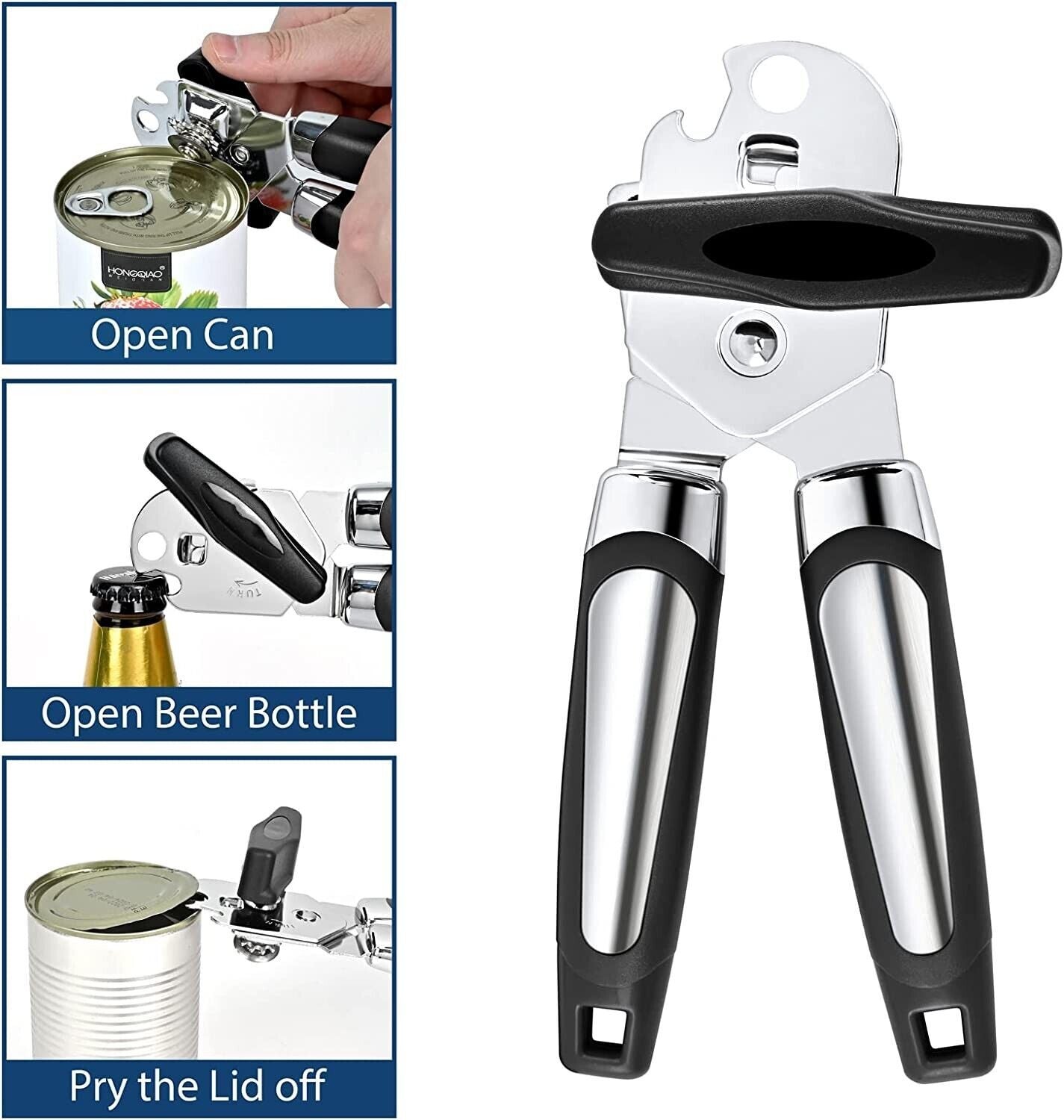 Can Opener Manual, Handheld Strong Heavy Duty Can Opener, Anti-slip Hand Grip, Stainless Steel Sharp Blade