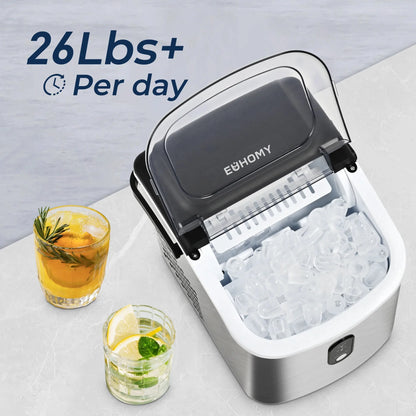 Portable Countertop Ice Maker with Handle – 26 lbs/24H, 9 Ice Cubes in 6 Minutes, Self-Cleaning Ice Machine for Home, Kitchen, Office – Silver
