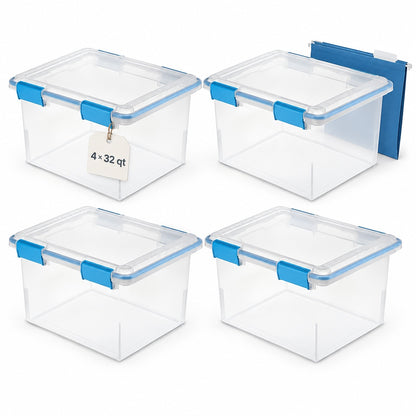 Sterilite 32 Qt Gasket Box, Set of 4 - Airtight Storage Bins, Clear with Blue Aquarium Latches