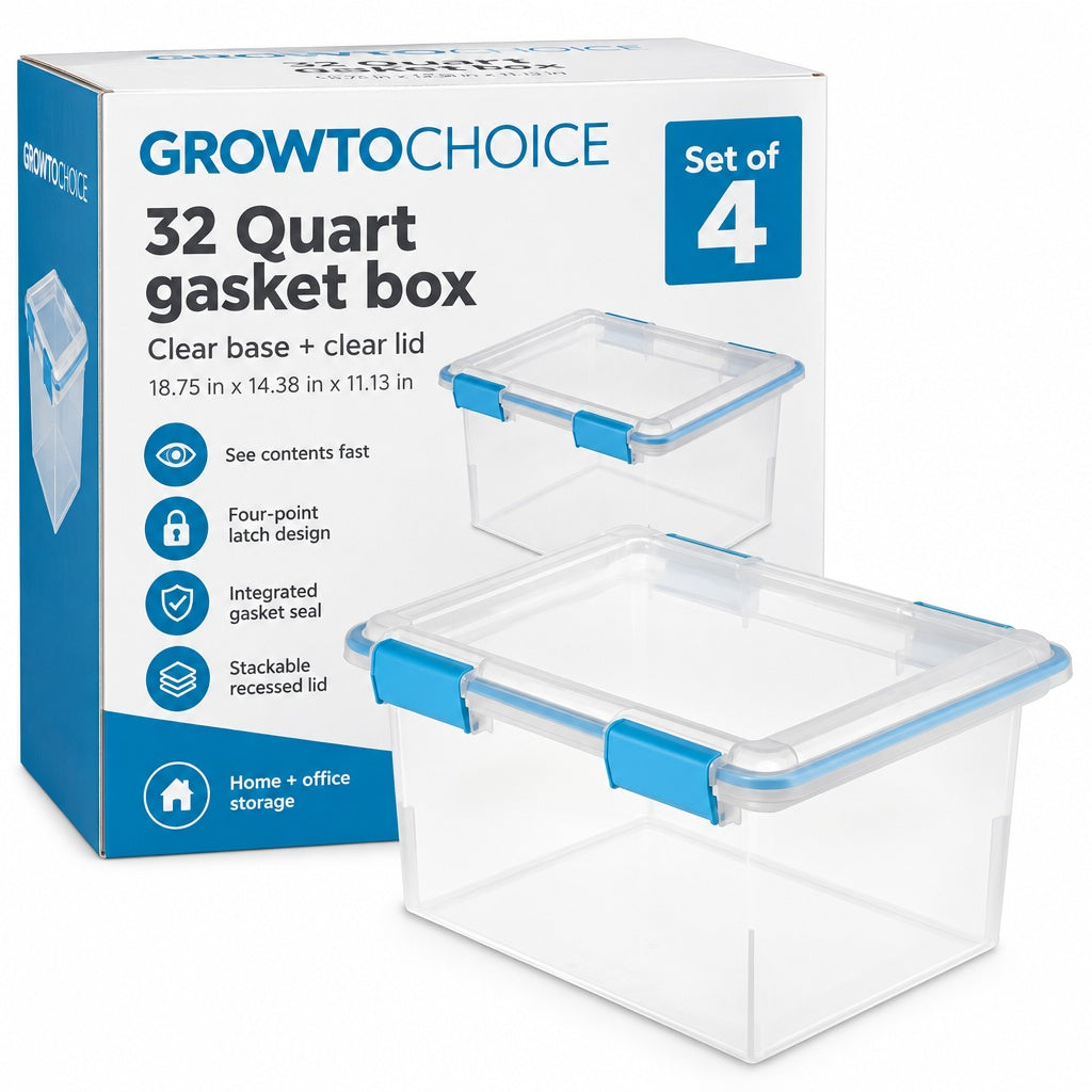 Sterilite 32 Qt Gasket Box, Set of 4 - Airtight Storage Bins, Clear with Blue Aquarium Latches