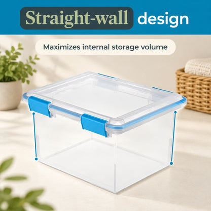 Sterilite 32 Qt Gasket Box, Set of 4 - Airtight Storage Bins, Clear with Blue Aquarium Latches