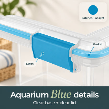 Sterilite 32 Qt Gasket Box, Set of 4 - Airtight Storage Bins, Clear with Blue Aquarium Latches