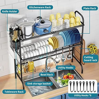 Over The Sink Dish Drying Rack, 2-Tier Stainless Steel Large Over The Sink Dish Rack with Utensil