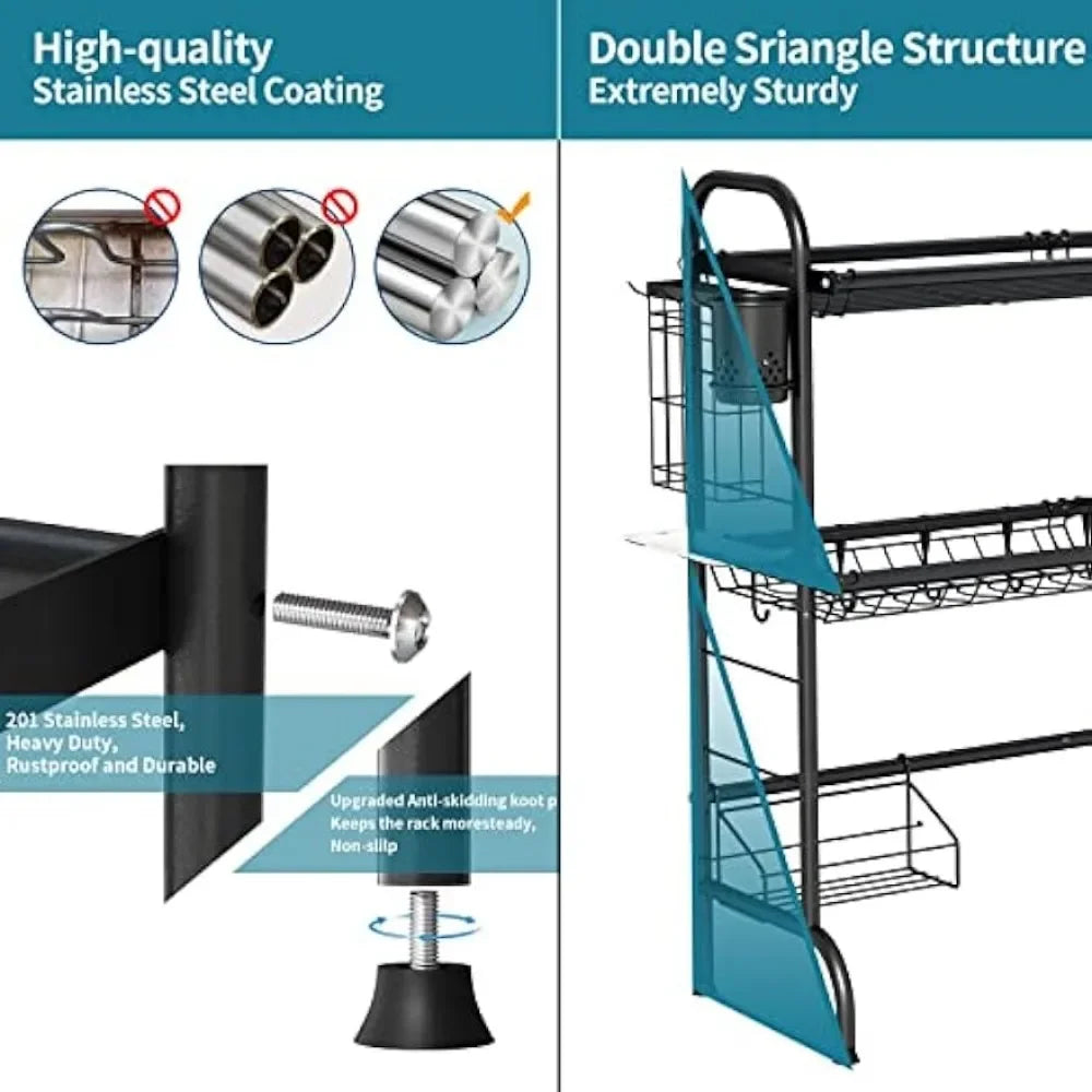 Over The Sink Dish Drying Rack, 2-Tier Stainless Steel Large Over The Sink Dish Rack with Utensil