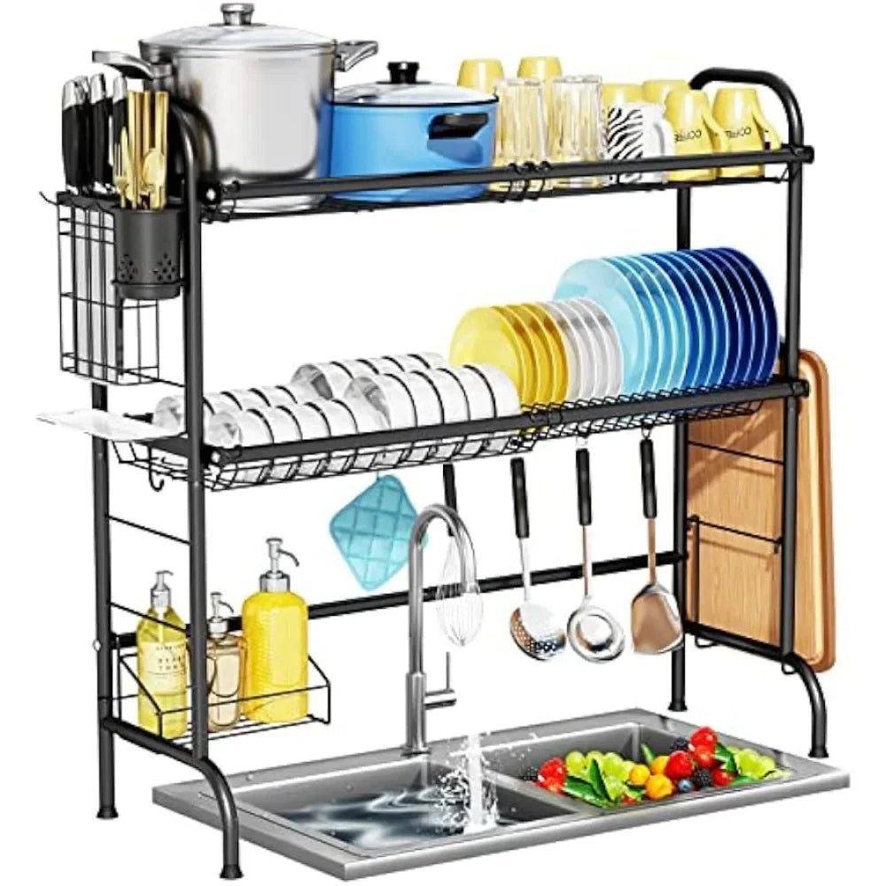 Over The Sink Dish Drying Rack, 2-Tier Stainless Steel Large Over The Sink Dish Rack with Utensil