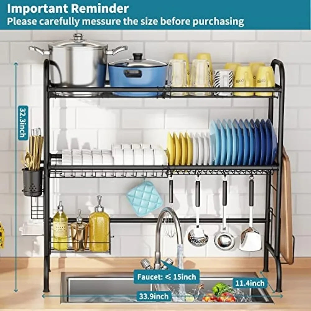 Over The Sink Dish Drying Rack, 2-Tier Stainless Steel Large Over The Sink Dish Rack with Utensil