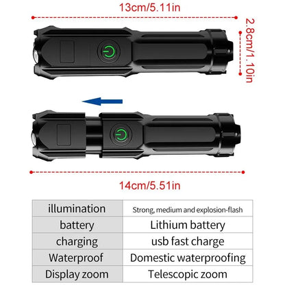 **Powerful 100,000 Lumens LED Flashlight - Rechargeable, USB 18650, Waterproof, Zoomable for Fishing, Hunting, Camping, and Tactical Use**