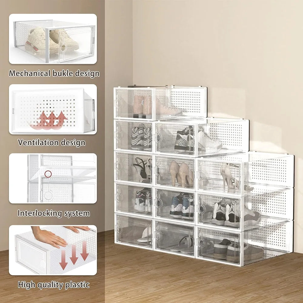 12-Pack Transparent Stackable Shoe Storage Boxes
