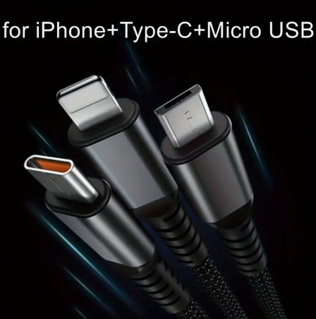 100W 3-in-1 Fast Charge Nylon Cable - USB-C, Micro USB, Lightning