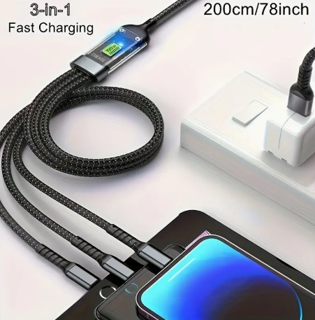 100W 3-in-1 Fast Charge Nylon Cable - USB-C, Micro USB, Lightning