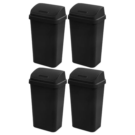 4 Pack Sterilite 13 Gallon Plastic Swing Top Spave Saving Flat Side Lidded Wastebasket Trash Can for Kitchen, Garage, or Workspace,