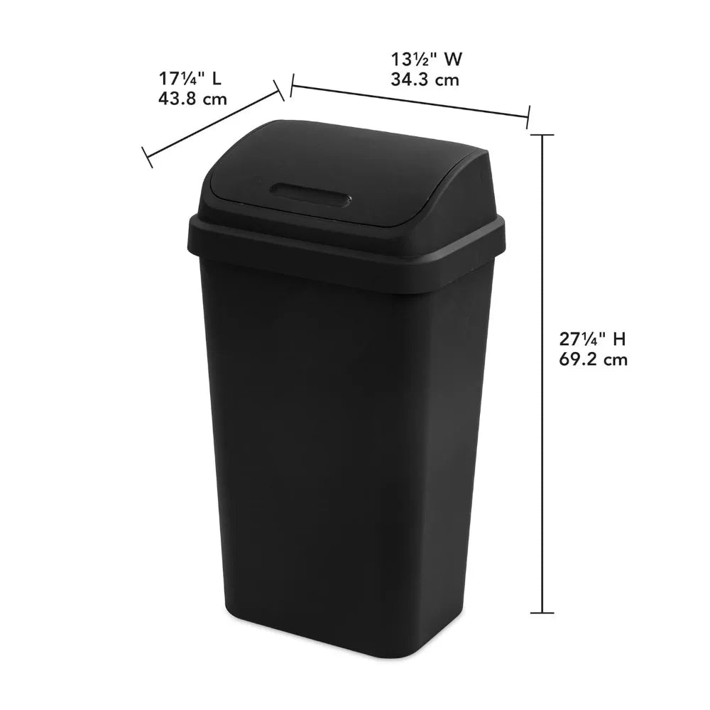 4 Pack Sterilite 13 Gallon Plastic Swing Top Spave Saving Flat Side Lidded Wastebasket Trash Can for Kitchen, Garage, or Workspace,