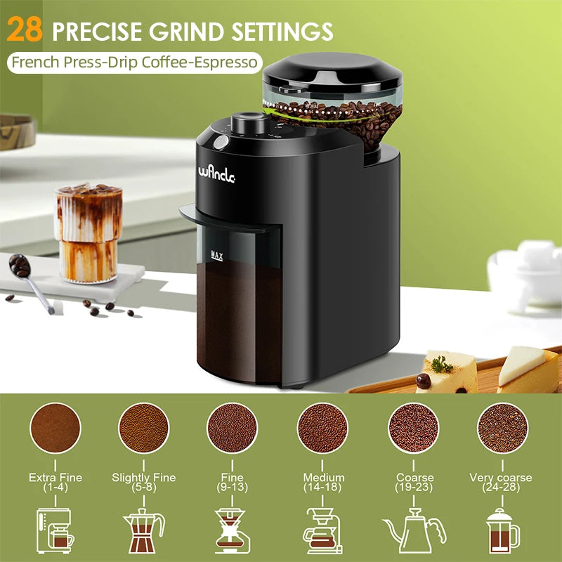 "Electric Burr Coffee Grinder with 28 Adjustable Grind Settings"