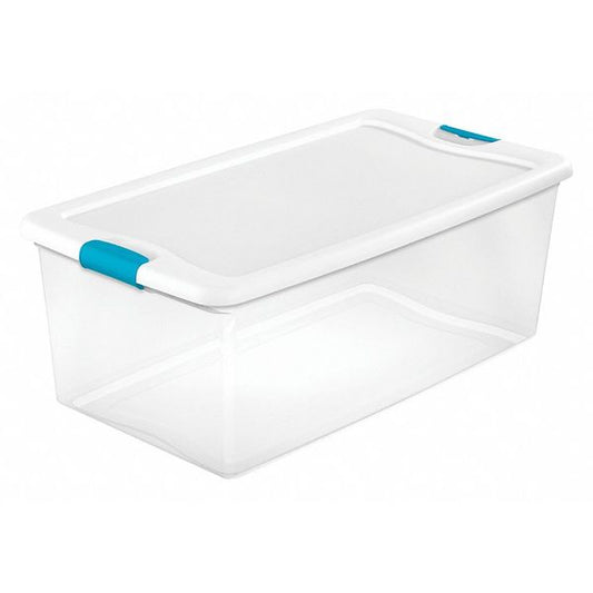 Storage Tote, Clear/White, Polypropylene, 33 7/8 in L, 18 3/4 in W, 13 in H, 106 qt Volume Capacity