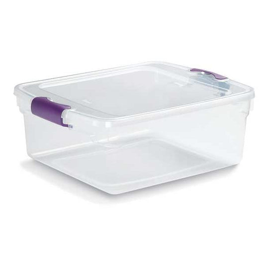 Storage Tote with Latch Lid, Clear/Purple, Polypropylene, 16 1/4 in L, 13 in W, 6 1/8 in H - Set Of 6