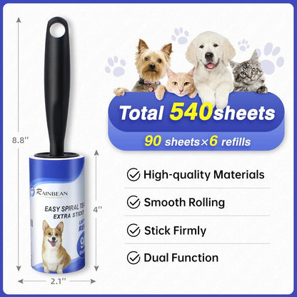 **Extra Sticky Pet Hair Lint Rollers, 540 Sheets with 4 Refills & 2 Handles**