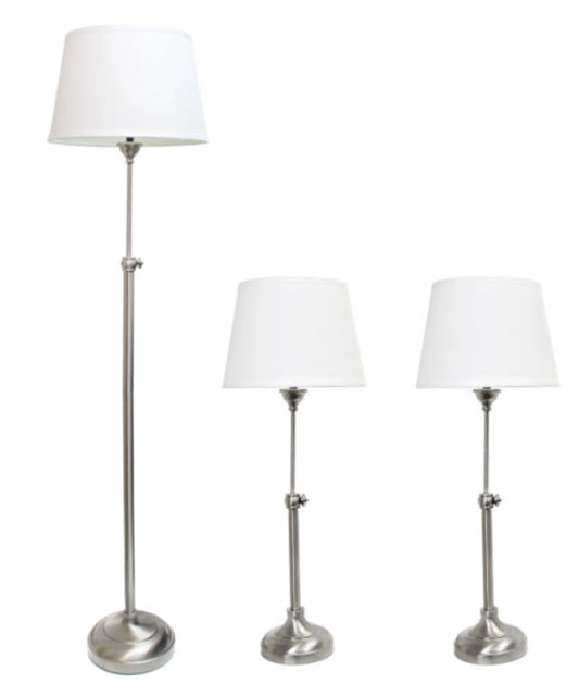 Elegant Designs Brushed Nickel Adjustable 3 Pack Lamp Set (2 Table Lamps, 1 Floor Lamp) - Growtochoice LLC