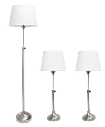 Elegant Designs Brushed Nickel Adjustable 3 Pack Lamp Set (2 Table Lamps, 1 Floor Lamp) - Growtochoice LLC