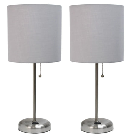 Lime Lights Set of 2 Brushed Steel Table Lamps with Fabric Shades and Charging Outlets - Growtochoice LLC