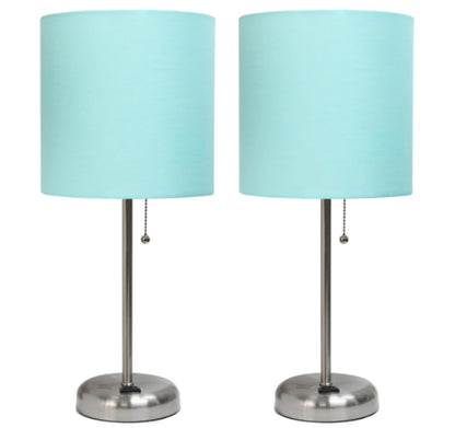 Lime Lights Set of 2 Brushed Steel Table Lamps with Fabric Shades and Charging Outlets - Growtochoice LLC