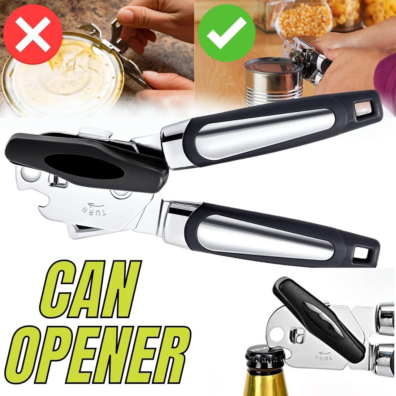 Can Opener Manual, Handheld Strong Heavy Duty Can Opener, Anti-slip Hand Grip, Stainless Steel Sharp Blade