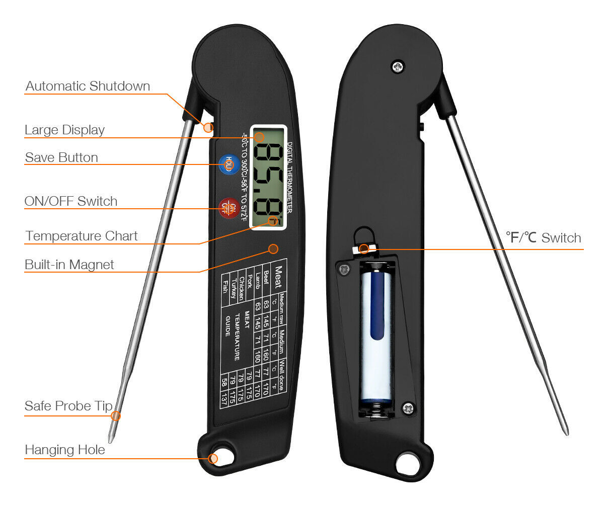 "Digital Instant Read Meat Thermometer – Perfect for Cooking, Steak, BBQ, Grill, Smoker, and Oven – Essential Barbecue Accessories for Kitchen, Grill, and Rotisserie"