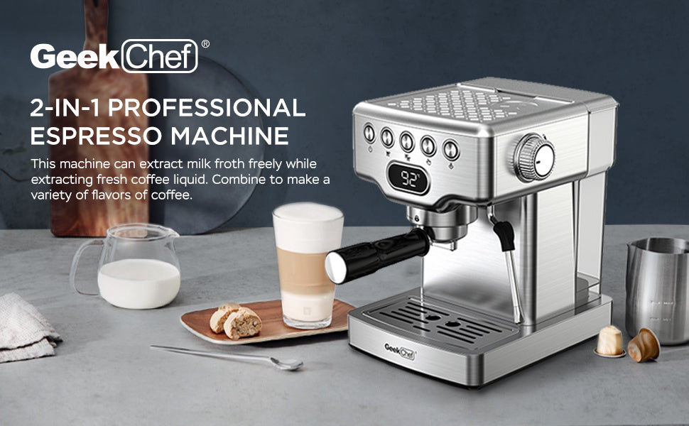 "20-Bar Espresso Machine with Milk Frother for Latte, Cappuccino, Macchiato – Home Espresso Maker with 1.8L Water Tank, Stainless Steel" - Growtochoice LLC