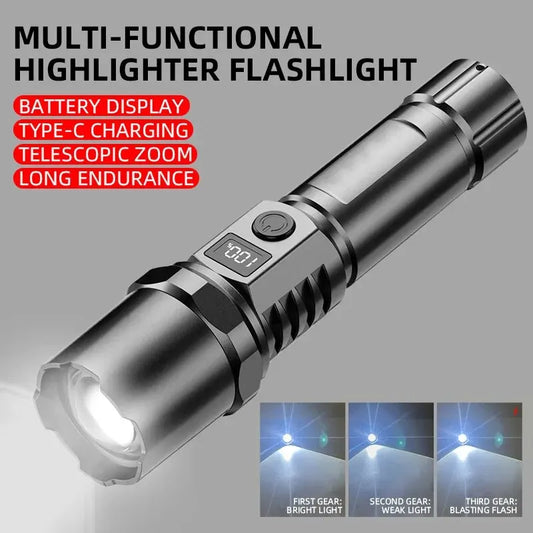 **High Power XHP100 LED Flashlight - Rechargeable, Retractable with Digital Zoom, USB Hand Light for Camping, Outdoor, and Emergency Use** - Growtochoice LLC
